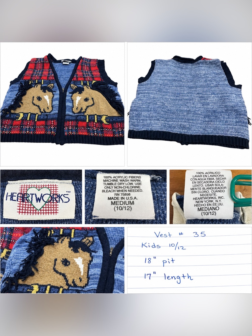 Heartworks Kids Horse Western Sweater Vest Fringe Plaid Zip Front Size 10/12‎